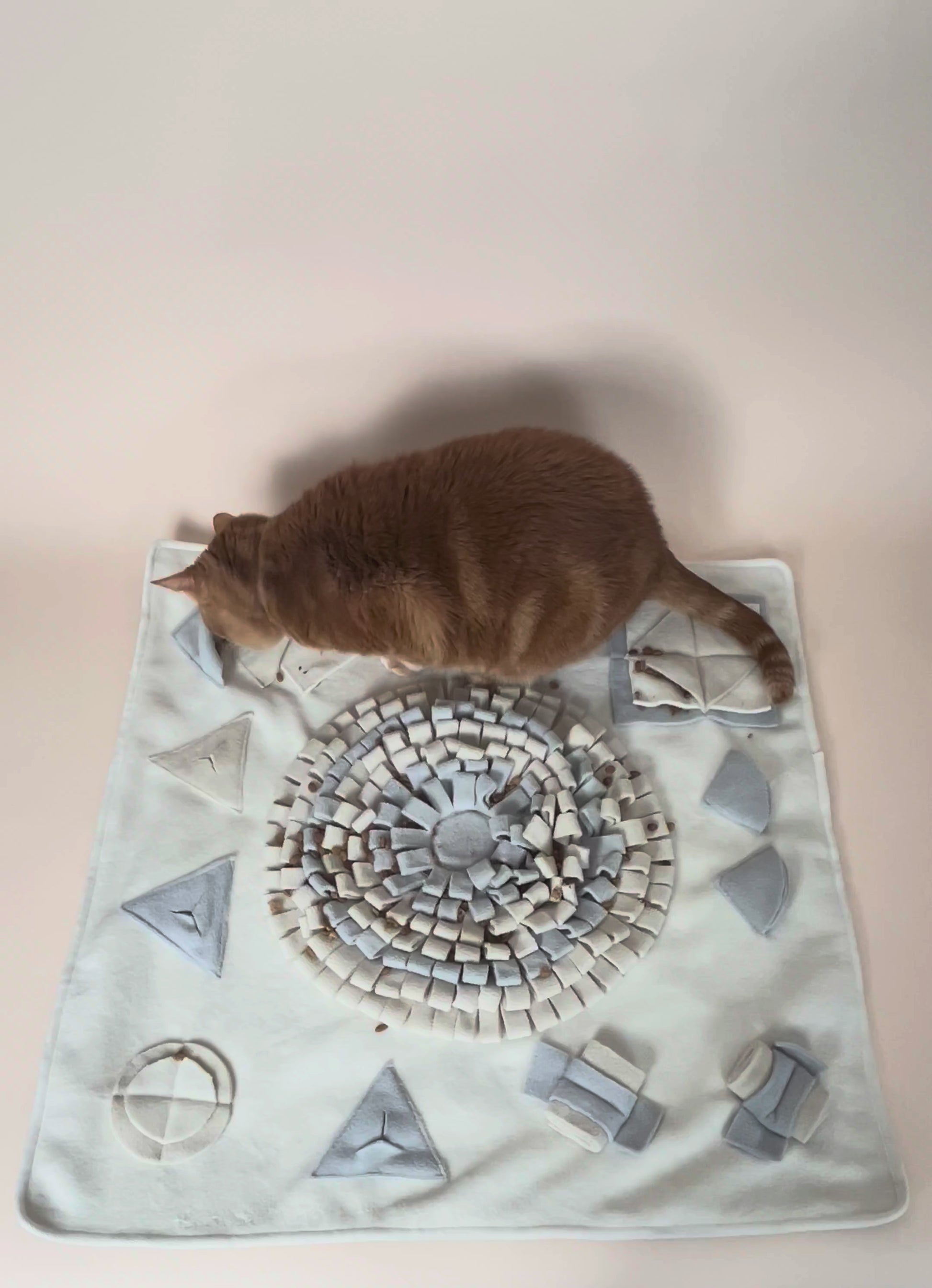 Cat calmly foraging on The Nest Mat enrichment mat during slow feeding